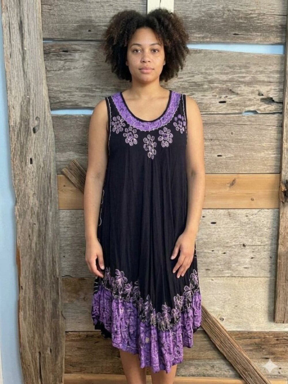 Black & Purple Floral-Embellished Sleeveless Dress Size Large